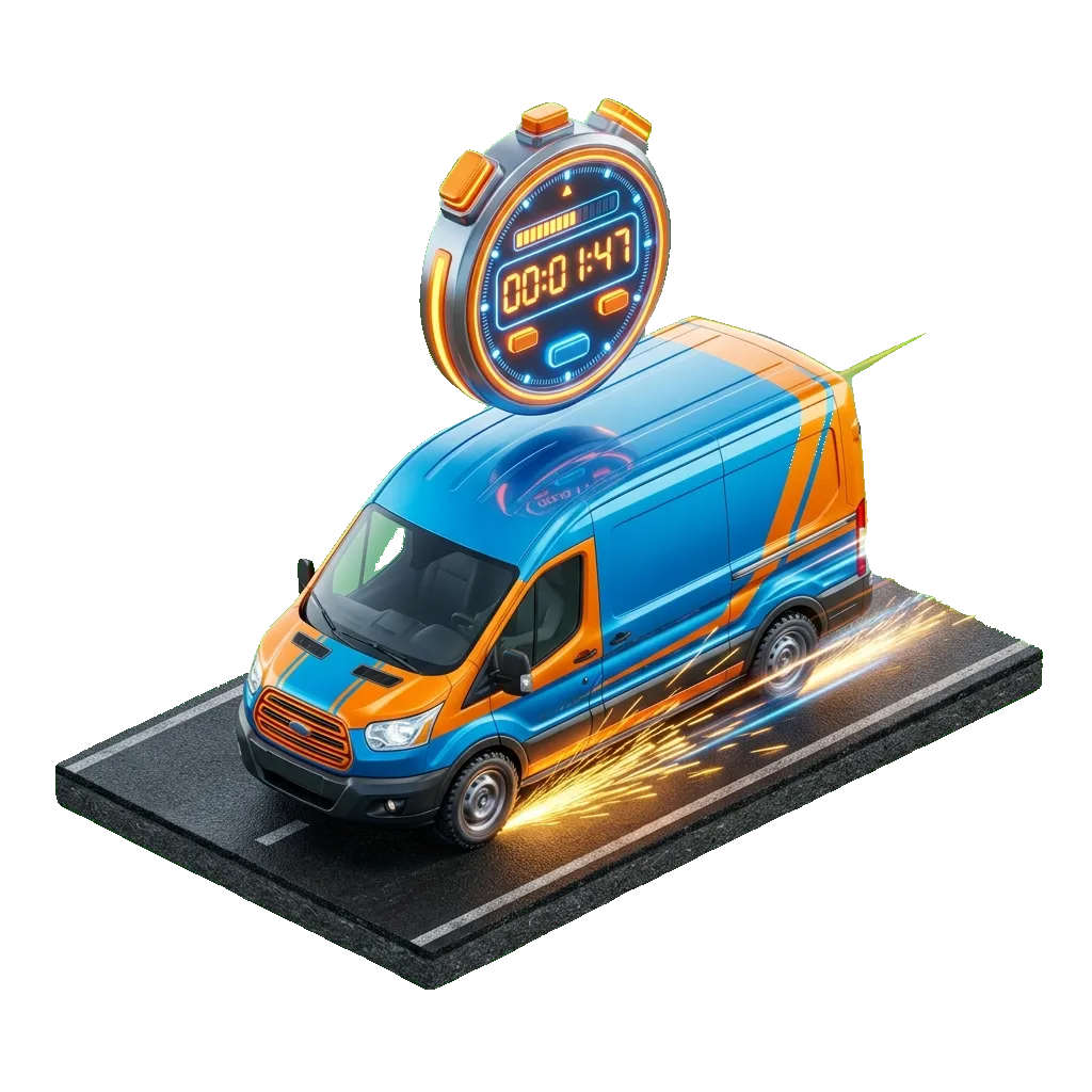 Express delivery van driving quickly on a multi-lane highway