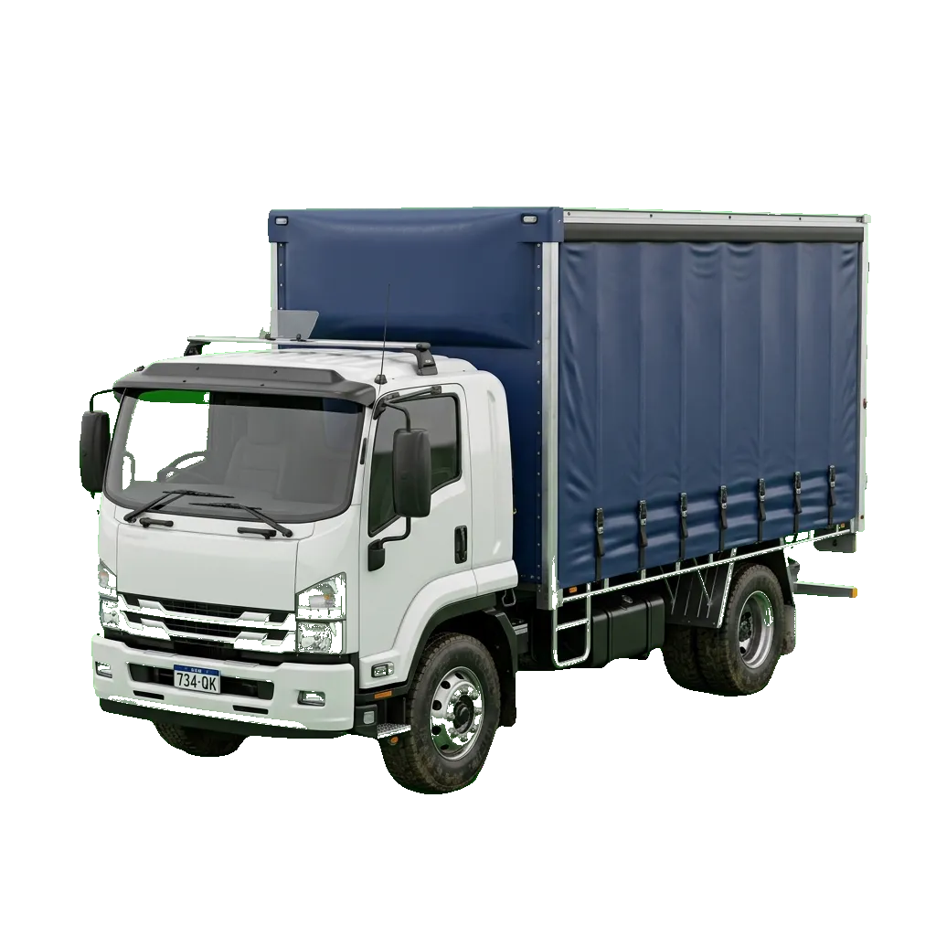 Medium delivery truck driving on a scenic intrastate highway